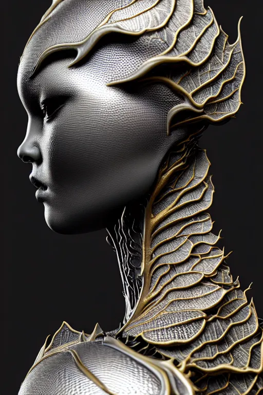 Image similar to bw close - up profile face, black background, beautiful young porcelain vegetal - dragon - cyborg - female, 1 5 0 mm, beautiful natural soft rim light, silver gold details, magnolia leaves and stems, roots, mandelbot fractal, elegant, ultra detailed, white metallic armour, octane render, h. r. giger style