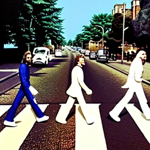 Prompt: alien walking in the street, abbey road album cover