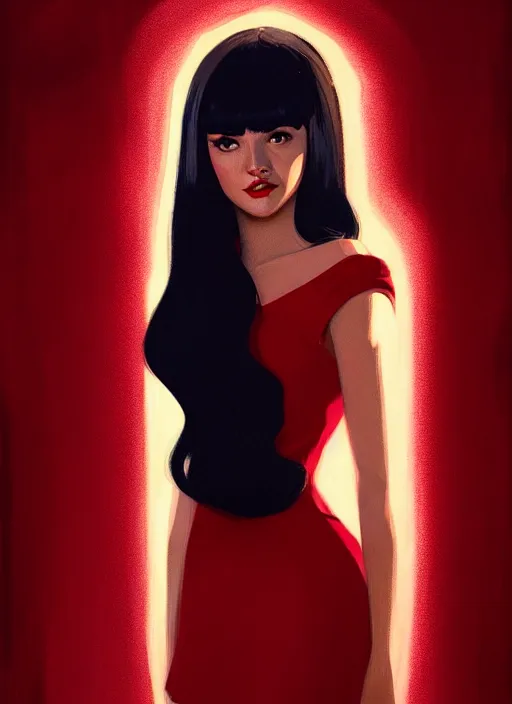 Image similar to portrait of veronica lodge with bangs, 1 9 6 0 s, long hair, red clothes, bangs, intricate, elegant, glowing lights, highly detailed, digital painting, artstation, concept art, smooth, sharp focus, illustration, art by wlop, mars ravelo and greg rutkowski