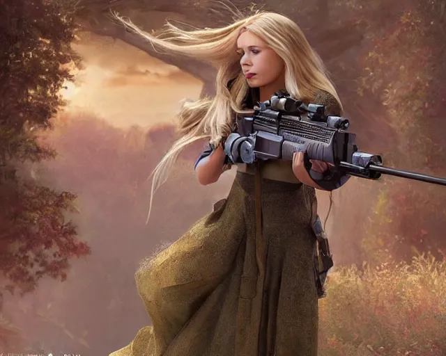 Image similar to disney princess with long blonde hair vs long barreled 9 0 sniper rifle : : weta disney pixar movie still photo : : hi - fructose, decadent highly - detailed digital painting, golden ratio, octane render, artstation, smooth, sharp focus, artgerm, mucha, loish, wlop