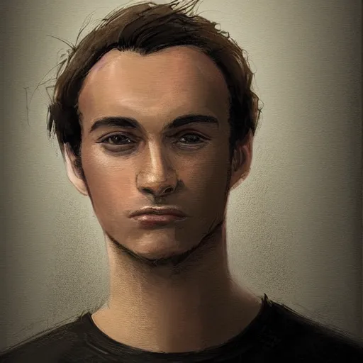 Image similar to Portrait of a man by Greg Rutkowski, he is about 20 years old, mixture between french ans spanish, short brown hair with bangs, attractive, wide forehead, sturdy, he is horrified and resigned looking at the computer screen knowing the schedule for the second semester, he is wearing a black t-shirt, highly detailed portrait, digital painting, artstation, concept art, smooth, sharp foccus ilustration, Artstation HQ