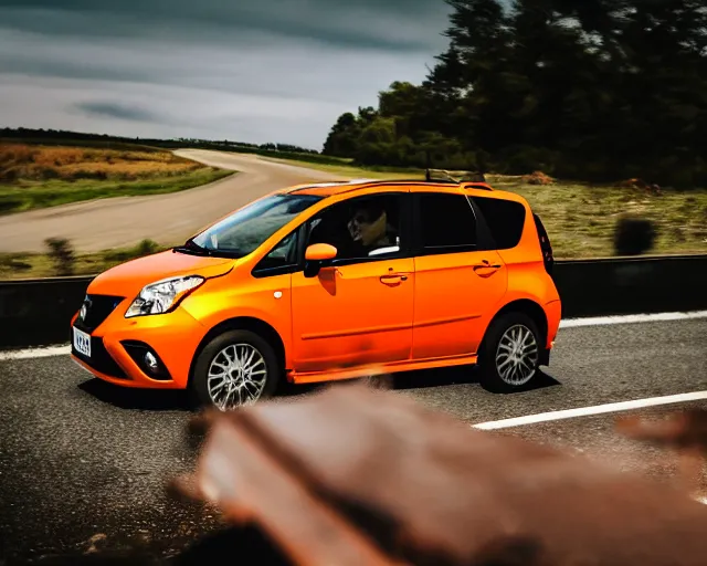 Image similar to border collie dog in the driver's seat of an orange nissan note, paws on wheel, car moving fast, rally driving photo, award winning photo, golden hour, front of car angle