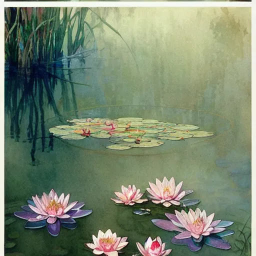 Image similar to a beautifull intricate watercolor painting of water lilies, reflexions, verry high details by william turner art, greg rutkowski and alphonse mucha, trending on artstation, very very detailed, masterpiece, - h 7 0 4