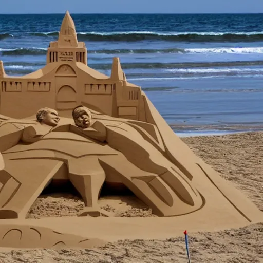 Image similar to a sand sculpture of north korea on the beach