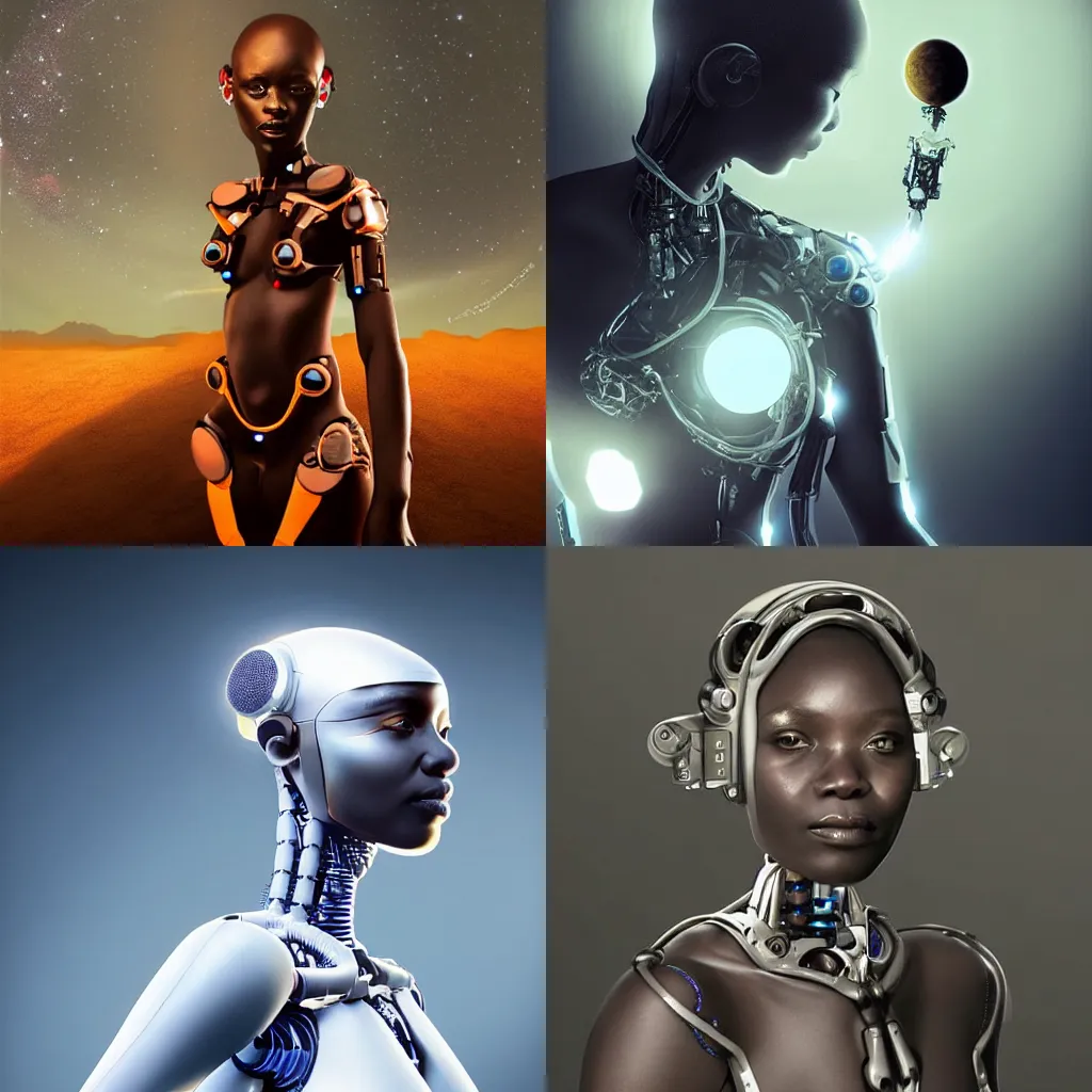 Prompt: beautiful futuristic himba cyborg woman, robotic arms, weightless in space, hyperrealistic, scifi, concept art, photograph, portrait, backlit