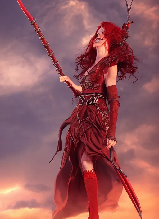 Prompt: photography of beautiful elf witch red hair, holding a magic staff, d & d fantasy character, detailed matte painting, studio lighting, octane render, larry elmore michael whelan artstation