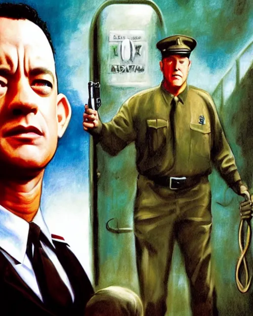 Prompt: tom hanks wearing prison guard uniform in the green mile, airbrush, drew struzan illustration art, key art, movie poster