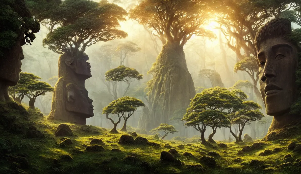 Image similar to detailed intricate digital landscape illustration by greg rutkowski and artgerm and wlop and sanford robinson gifford ; moai statue in yggdrasil forest thick trees ; 1 3 mm film still, wide angle arri alfa anamorphic lens, motion blur ; sharp focus, soft evening lighting with gleaming sun rays ; trending on artstation 4 k