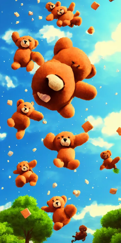 Image similar to teddy bears falling from the sky, anime scenery, digital art, 4k ultra