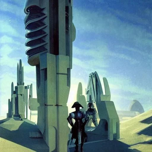 Image similar to dreamy landscape. science fiction. cinematic sci - fi scene. symmetry. accurate anatomy. science fiction theme. brutalism. intricate detail. epic. intimidating. retrofuturism. winter light. monsters. art by john singer sargent - akira toriyama - joaquin sorolla - ralph mcquarrie - kev walker