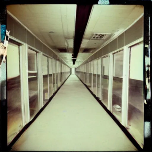 Image similar to inside a hallway made of empty medical tents, eerie, surreal, creepy, old polaroid, expired film,