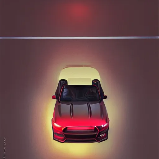 Prompt: ford mustang top view with shades on it and random color lights escaping from a door to lighting the car, painting by Greg Rutkowski