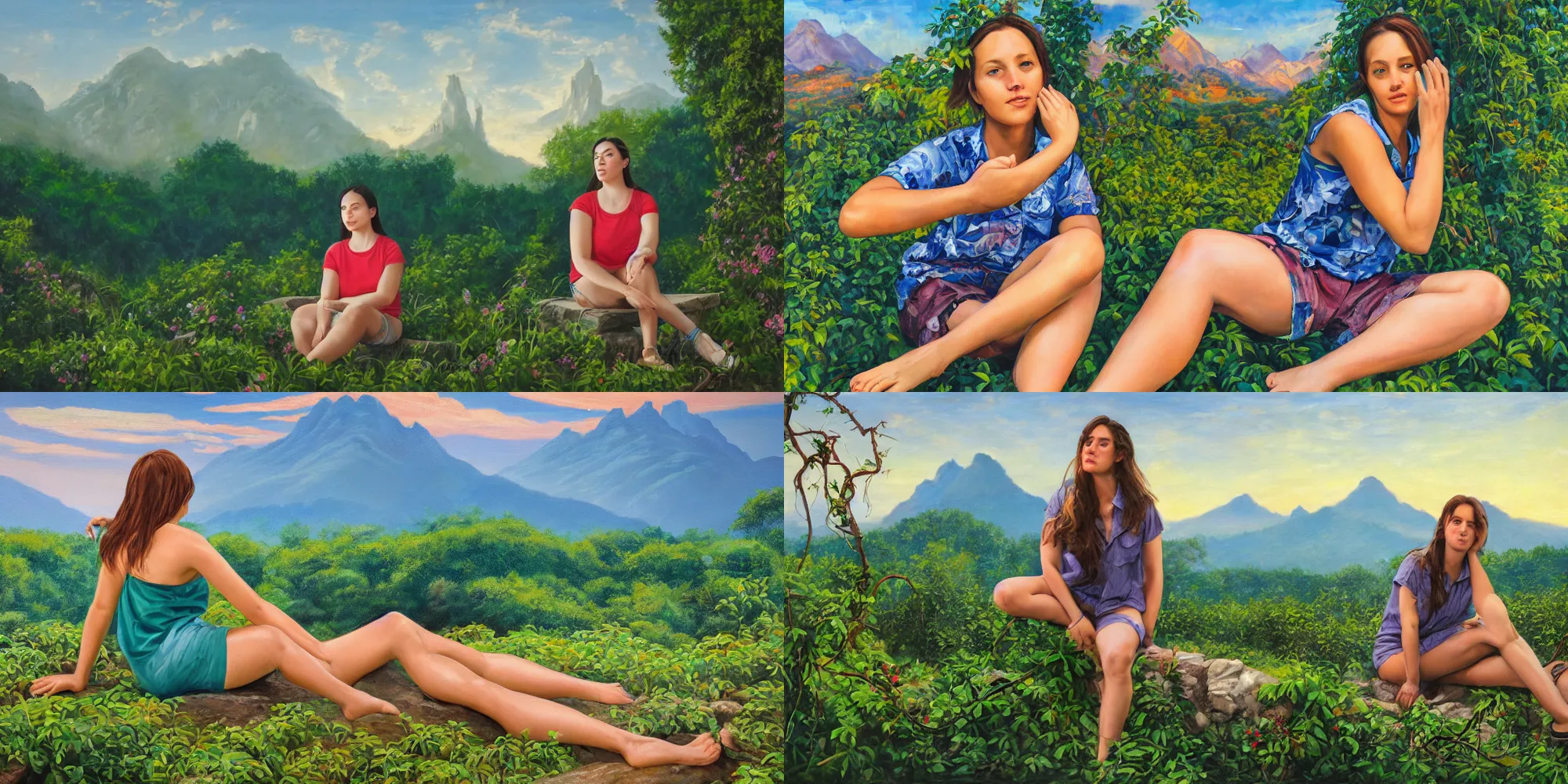 Prompt: oil canvas painting of low angle fish lens shot of a woman wearing a summer shirt and shorts, sitting down in a casual pose with one knee raised up, her foot sticking out, looking at the camera, with overgrown marble ruins in the background covered in vines and vegetation, with snowy mountain range along the skyline, sunset lighting, photorealistic, highly detailed