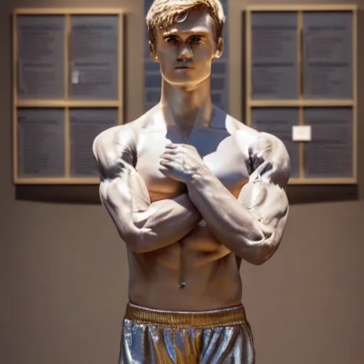 Prompt: a realistic detailed photo of a guy who is an attractive humanoid who is half robot and half humanoid, who is a male android, soccer players martin ødegaard, shiny skin, posing like a statue, blank stare, in a museum, on display, showing off his muscles, gold soccer shorts, ground view