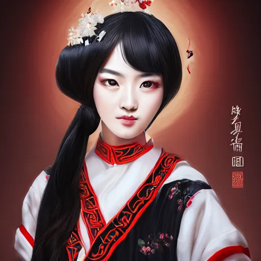 Image similar to high-detail portrait of a beautiful young Chinese woman with black hair that is white at the tips, with amber eyes, a white and red hanfu, masterpiece, trending on artstation, featured on pixiv, cinematic composition, dramatic pose, beautiful lighting, sharp, details, hyper-detailed, HD, HDR, 4K, 8K