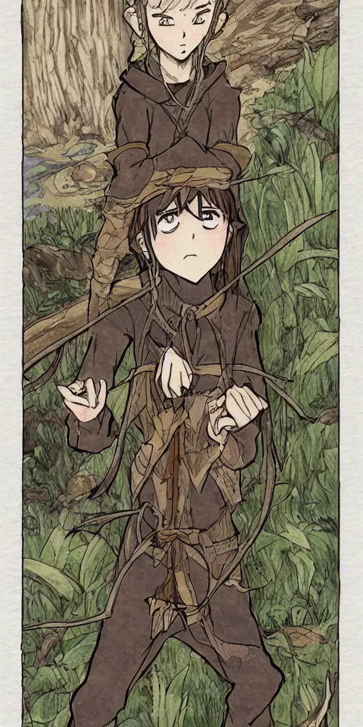 Image similar to an wood elf boy on the mountain side, anime style, tarot card, Tarot card the fool, fine line work, full color, earth tones, drawn by Hayao Miyazaki
