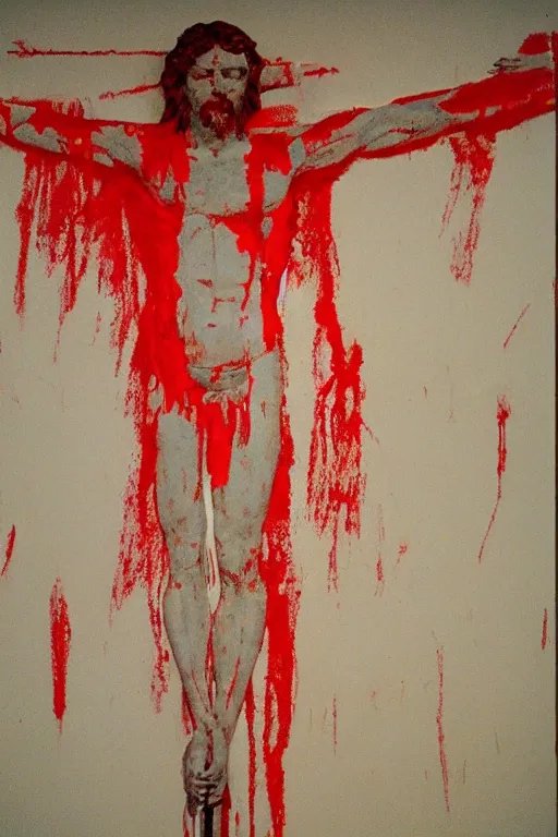 Image similar to red bloody jesus christ crucified painted by cy twombly and andy warhol,