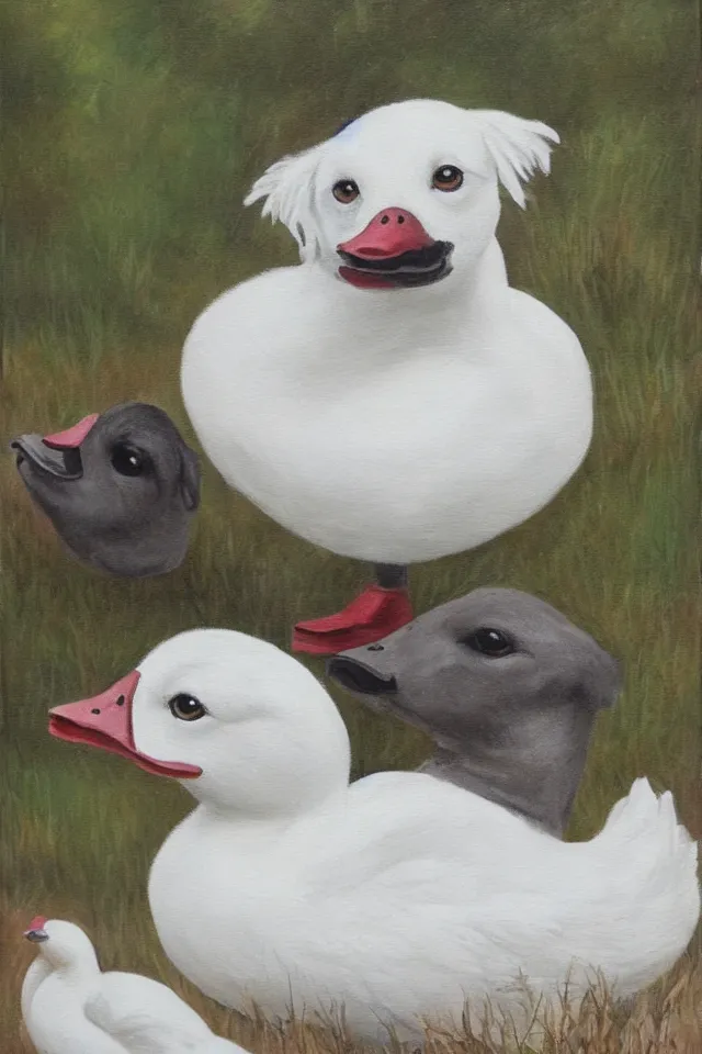 Prompt: painting of a cute white duck and a merle border collie