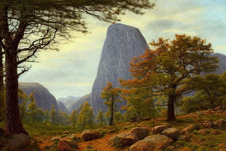 Prompt: runestone, monument, mountains, trees, beautiful nature, very detailed, focused, oil painting, colorful, canvas, artstation, national geographic, Sydney Mortimer Laurence, Albert Bierstadt, Theodor Kittelsen, Hans Dahl, Konstantin Yakovlevich Kryzhitsky