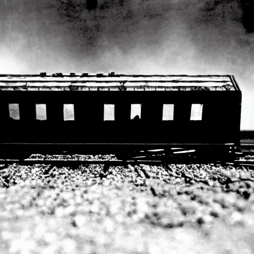 Image similar to the disembodied spirit of a dangerous railroad demon, Boxcar on the railroad, atmospheric and depressed, Cinematic, 35mm, film still from a horror movie