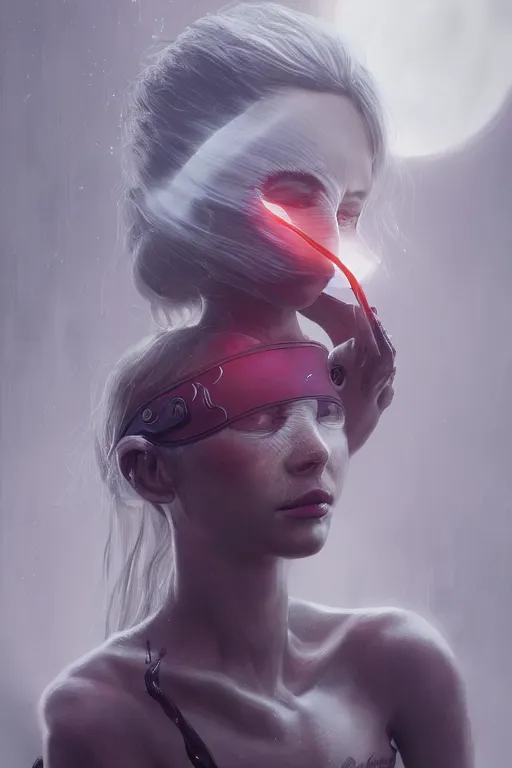 Prompt: a fancy portrait of an attractive alien women with a blindfold on by Greg Rutkowski, Sung Choi, Mitchell Mohrhauser, Maciej Kuciara, Johnson Ting, Maxim Verehin, Peter Konig, final fantasy , 8k photorealistic, cinematic lighting, HD, high details, atmospheric , trending on artstation