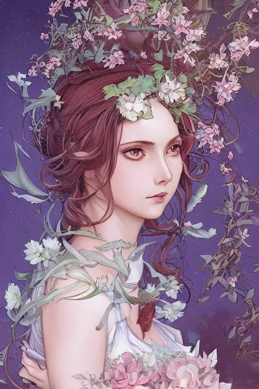 Image similar to Art Nouveau Queen of the moon, Lush Garden Leaves and Flowers, Sensual Angelic woman in a manga cover style, full body image, headshot, D&D, fantasy, highly detailed, digital painting, artstation, concept art, sharp focus, illustration, art by artgerm and greg rutkowski and alphonse mucha