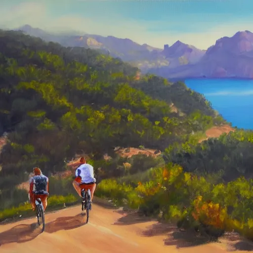 Image similar to 3 friends on professional road bycycles riding in the mountains of Mallorca, sea in the background, oil painting, 4k