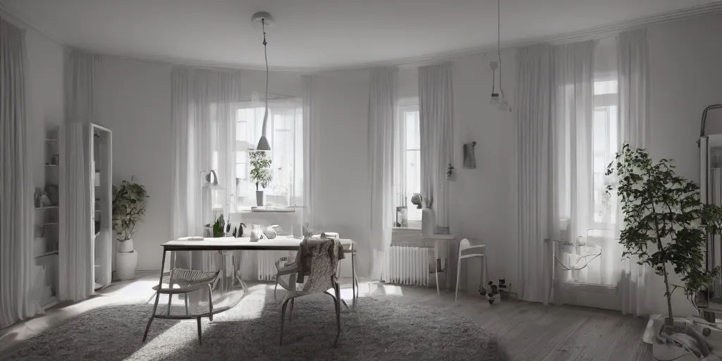 Image similar to detailed render of scandinavian interior bright lighting, by Agnieszka Wozniak, corona render, 3Dsmax, trending on Artstation 8k