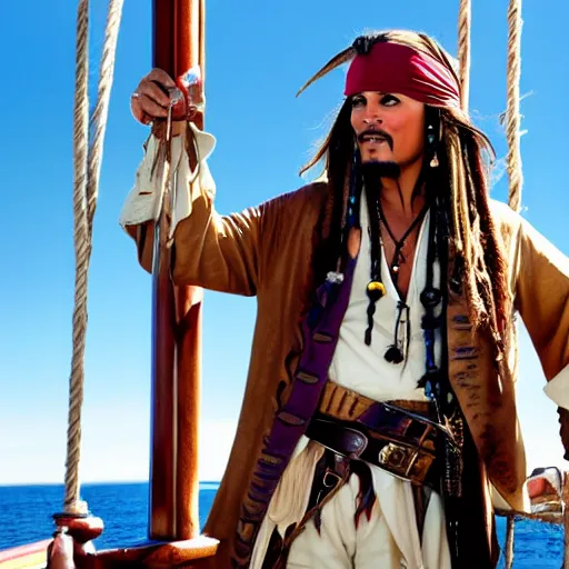 Image similar to captain jack sparrow drinking rum on a ship in the middle of the ocean, sun shining, wide angle, hd