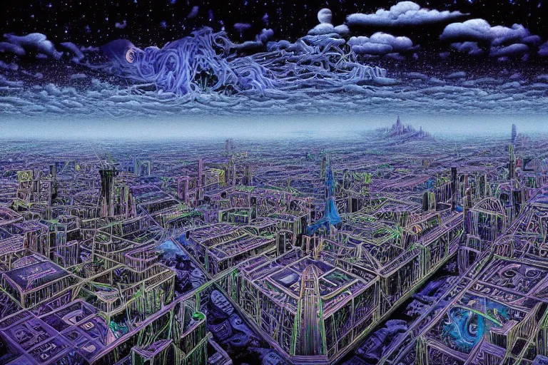 Prompt: psychdelic city tranquil dreamworld in the clouds, surrealist and abstract digital art trending on artstation by artist Rob Gonsalves and Mark Riddick supreme peace immense knowledge dark black pitch black jet black only restricted palette dmt art