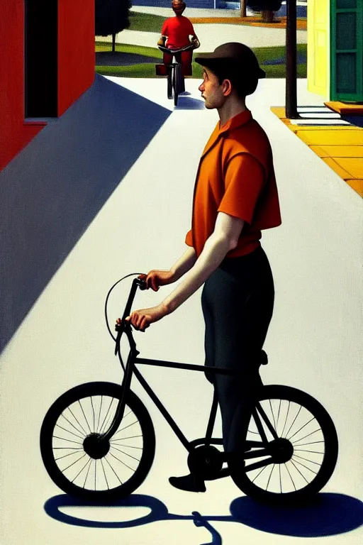 Prompt: young man riding a bicycle with a colorful energy, in the style of edward hopper, solarpunk, atmospheric, clean, intricate and epic composition, gray by caravaggio, insanely quality, highly detailed, masterpiece, white light, artstation, 4 k