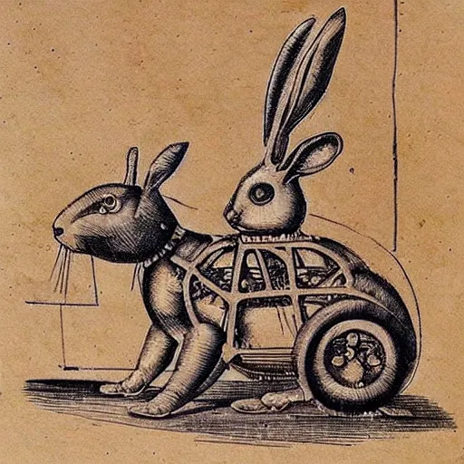 Prompt: mechanical rabbit with a crystal inside, steampunk design, made of woods, by Leonardo da Vinci, drawn projects on paper, instructions to build it, recolorized