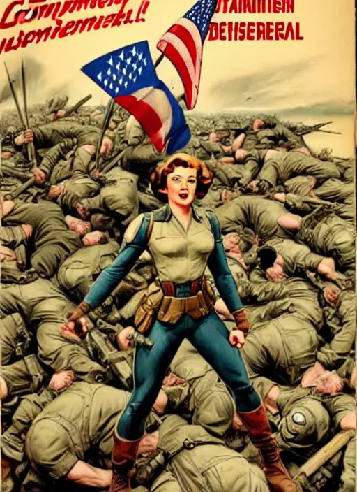 Image similar to beautiful female captain america standing on a pile of defeated german soldiers. feminist captain america wins wwii. american wwii propaganda poster by james gurney. overwatch