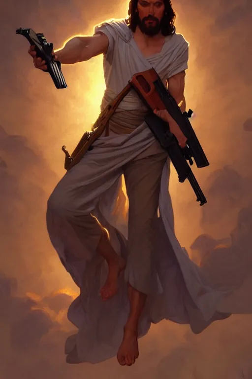 Image similar to jesus christ wielding guns, in an action pose, realistic portrait, symmetrical, highly detailed, digital painting, artstation, concept art, smooth, sharp focus, illustration, cinematic lighting, art by artgerm and greg rutkowski and alphonse mucha