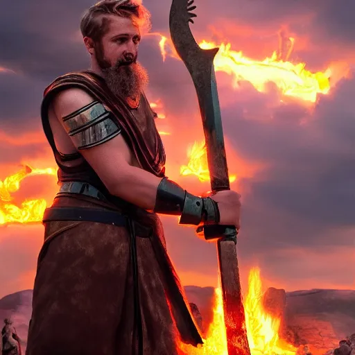 Prompt: Full metal greek god of smithing holding the hammer of creation setting the city of the gods on fire, cinematic lighting, high quality 8k hd, oil on canvas, hyperralistic art