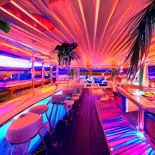 Prompt: architectural digest photo, inside dark and moody crowded futuristic tiki bar inside a yacht, tropical plants, blue lighting with small pastel orange and pink accent lights, crowd of cool people dancing, haze, volumetric fog, ray - tracing lighting and reflections