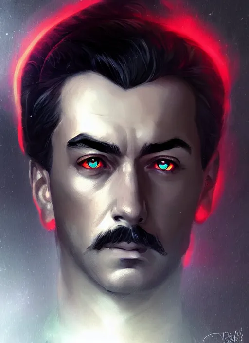 Image similar to « a portrait o cyberpunk joseph stalin, glowing eyes, a digital painting by charlie bowater, featured on cgsociety, fantasy art, behance hd, wiccan, artstation hd »