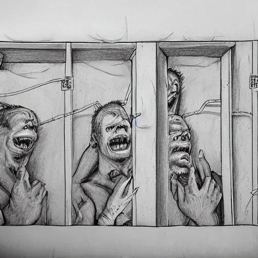 Image similar to prison cell with walls covered in pencil drawings of scary monsters. prison inmate scribbling on a piece of paper in the corner of the cell