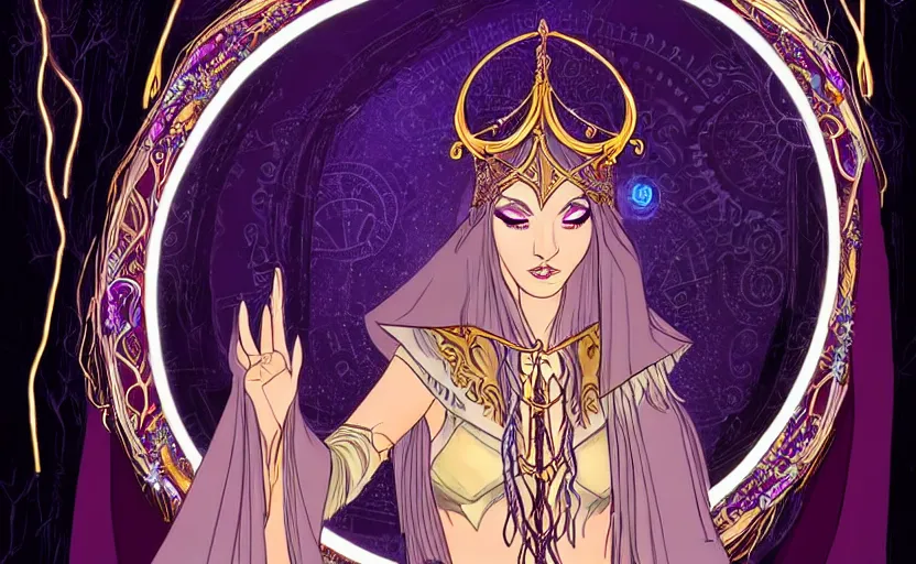 Prompt: a beautful sorceress wearing an ornate circlet and hooded robe creating a new spell in an ancient futuristic sanctuary