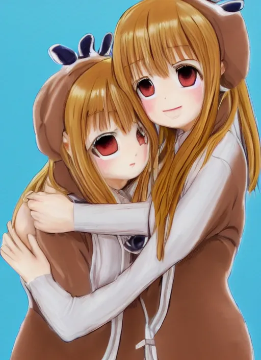 Image similar to highly detailed portrait of one blonde and one brown haired anime girl in onesies hugging each other looking at us, detailed eyes, happy, excited, digital art, cute, anime, detailed faces, well drawn faces, cute faces, hand drawn, 8 k, trending on artstation, official media