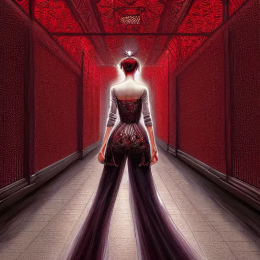 Prompt: beautiful girl in intricate clothing walking through a hallway made of blood diamonds, reflections, very high intricate details, horror, painting, digital anime art, medium shot, mid - shot, wlop, ilya kuvshinov, artgerm, krenz cushart, greg rutkowski, sana takeda