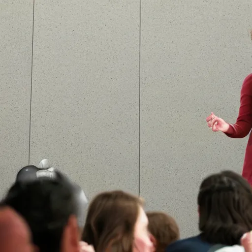 Image similar to photograph of a female mark zuckerberg giving a keynote speech on apple park