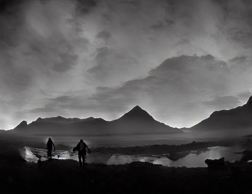 Image similar to wanderer, eerie, greek fantasy panorama, a magnificent lizard ghost giant above the magic shining river styx, at night, otherworldly, ghost giant above the horizon, stanley kubrick, 1 7 mm, wide shot, surreal, deep