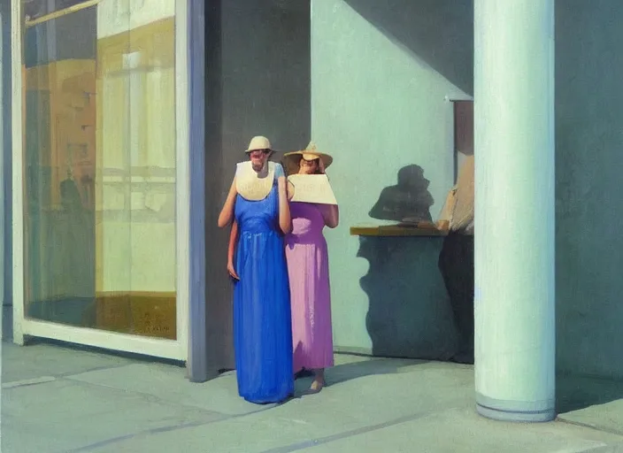 Prompt: man in a translucent dress made from plastic bag with paper bags for clothes standing inside paper bags with paper bag over the head at store in line for an ice cream cart display Edward Hopper and James Gilleard, Zdzislaw Beksinski, highly detailed