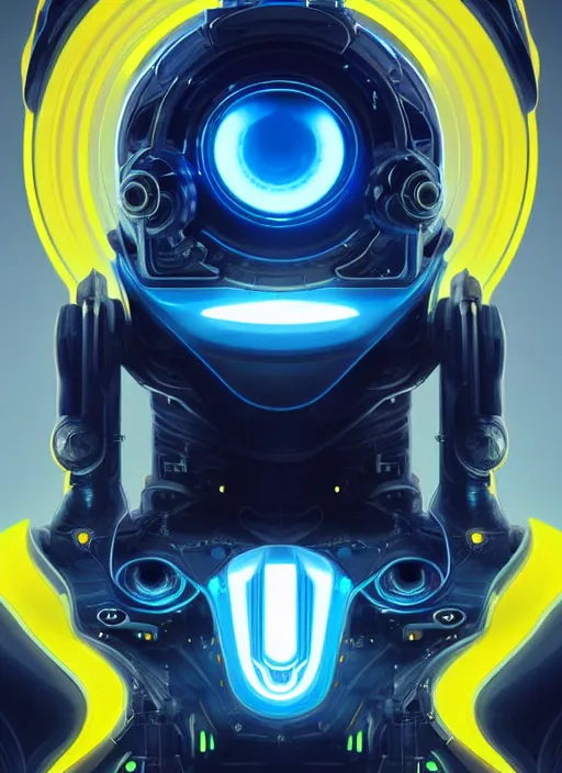 Image similar to symmetry!! portrait of a robot with big eyes, sci - fi, tech wear, blue and yellow glowing lights!! intricate, elegant, highly detailed, digital painting, artstation, concept art, smooth, sharp focus, illustration, art by artgerm and greg rutkowski and alphonse mucha