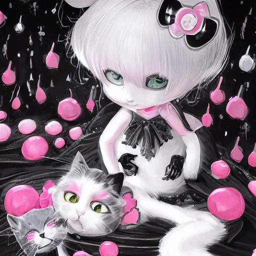 Image similar to Goth girl dressed in a hello kitty outfit, black and white cat next to it, by Stanley Artgerm Lau, WLOP, Rossdraws, James Jean, Andrei Riabovitchev, Marc Simonetti, Yoshitaka Amano, ArtStation, CGSociety,