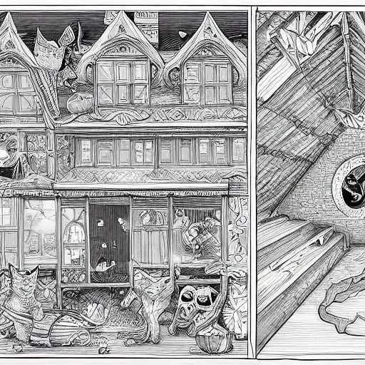 Prompt: an orange tabby cat and a bengal cat chasing ghosts in an attic, intricate, detailed, spooky, masterpiece, trending on artstation, digital art