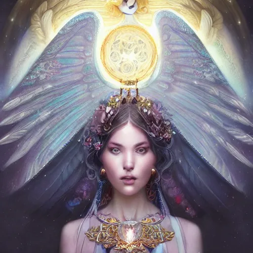 Image similar to A beautiful digital painting of a female Seraphim full of jewels, princess, the moon behind her, intricate, cinematic lighting, highly detailed, digital painting, Artstation, concept art, smooth, sharp focus, illustration, art by Tom Bagshaw, Artgerm and Greg Rutkowski