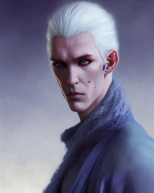 Image similar to character portrait of a slender young half elven man with white hair, piercing bright blue eyes, and pale bluish skin, by greg rutkowski, mark brookes, jim burns, tom bagshaw, trending on artstation