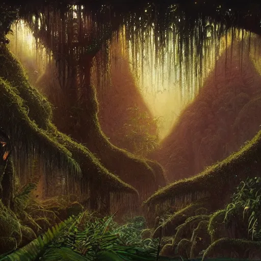 Image similar to Artwork of the Cinematic view of The Glittery Jungles by John Howe, Trending on artstation